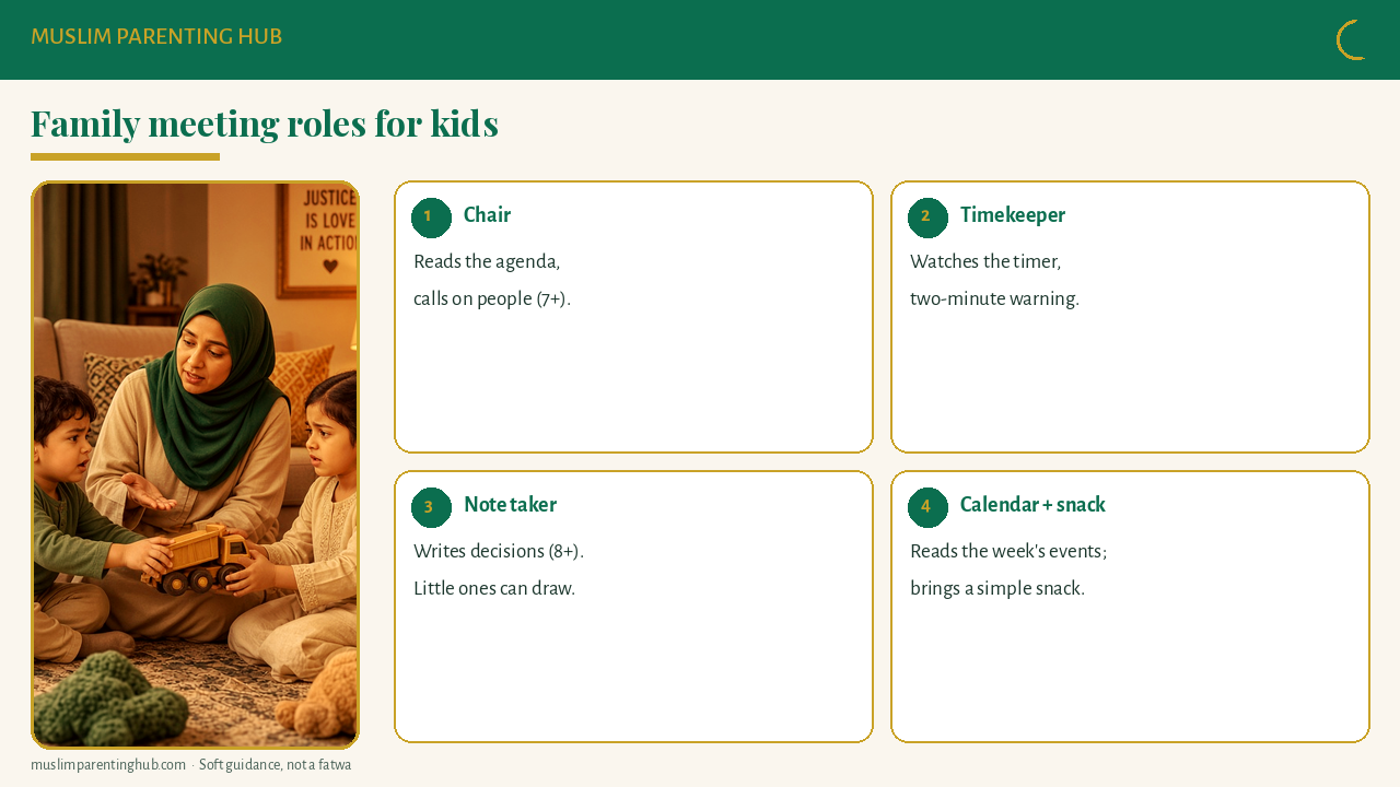 Family meeting roles for kids: chair, timekeeper, note taker, calendar reader and snack captain