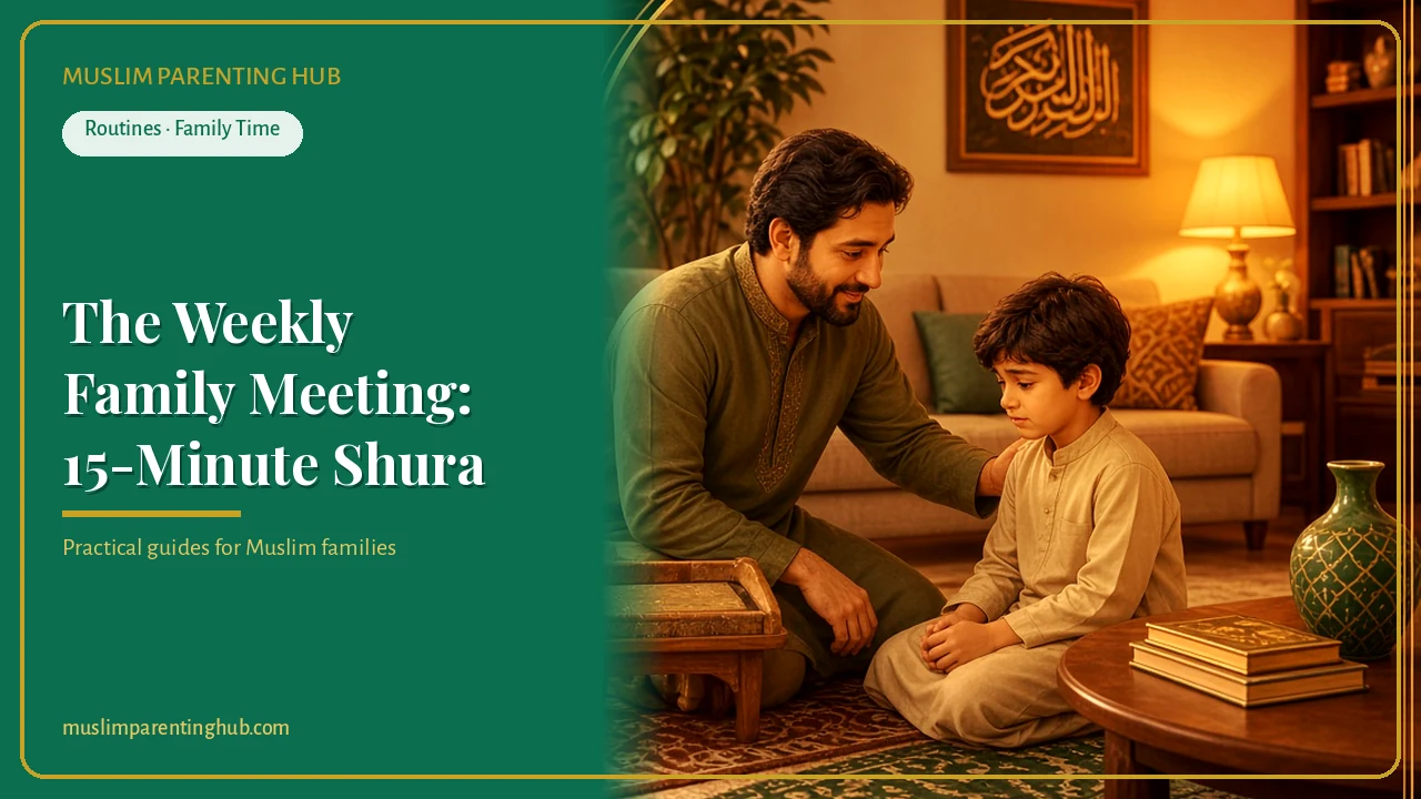 A Muslim father talking warmly with his son in a cozy living room in golden evening light — cover