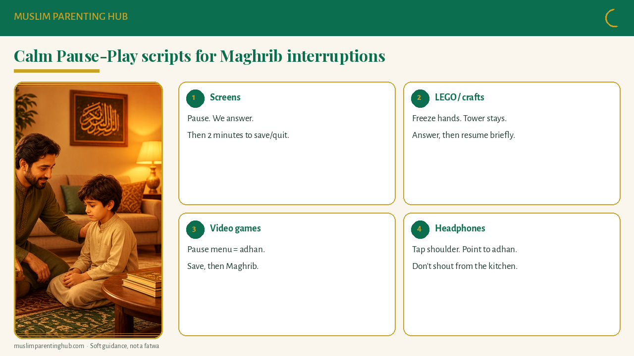 Calm Pause-Play scripts for screens, LEGO, and video games at Maghrib