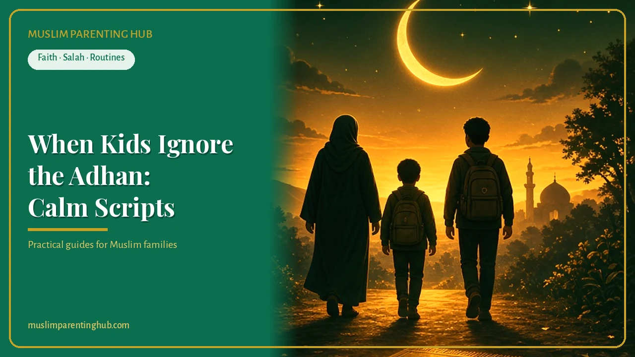 A Muslim family pausing outdoors at Maghrib under a warm sunset sky — cover